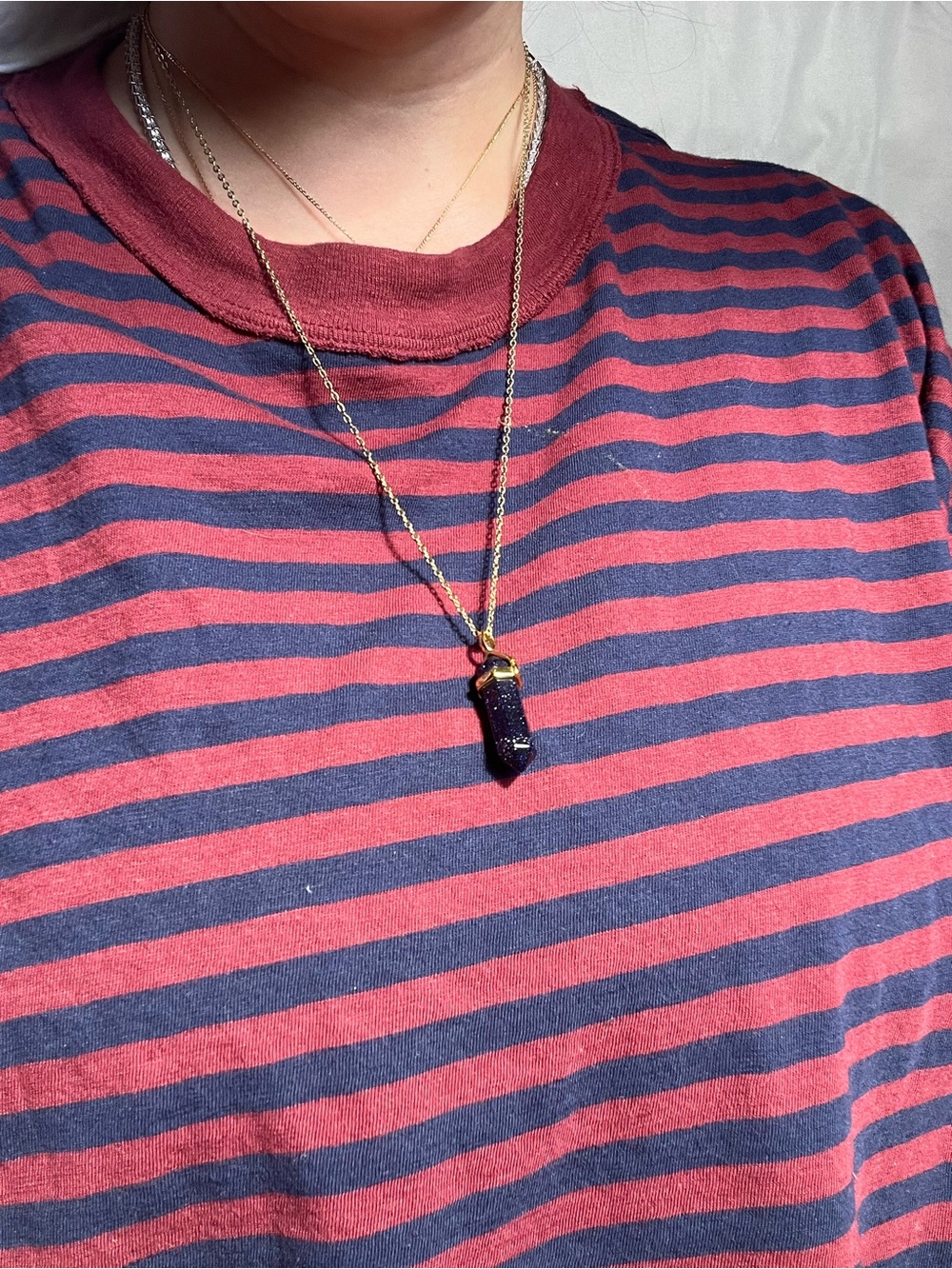 Gold Chain Necklace with Dark Blue Crystal Pendant